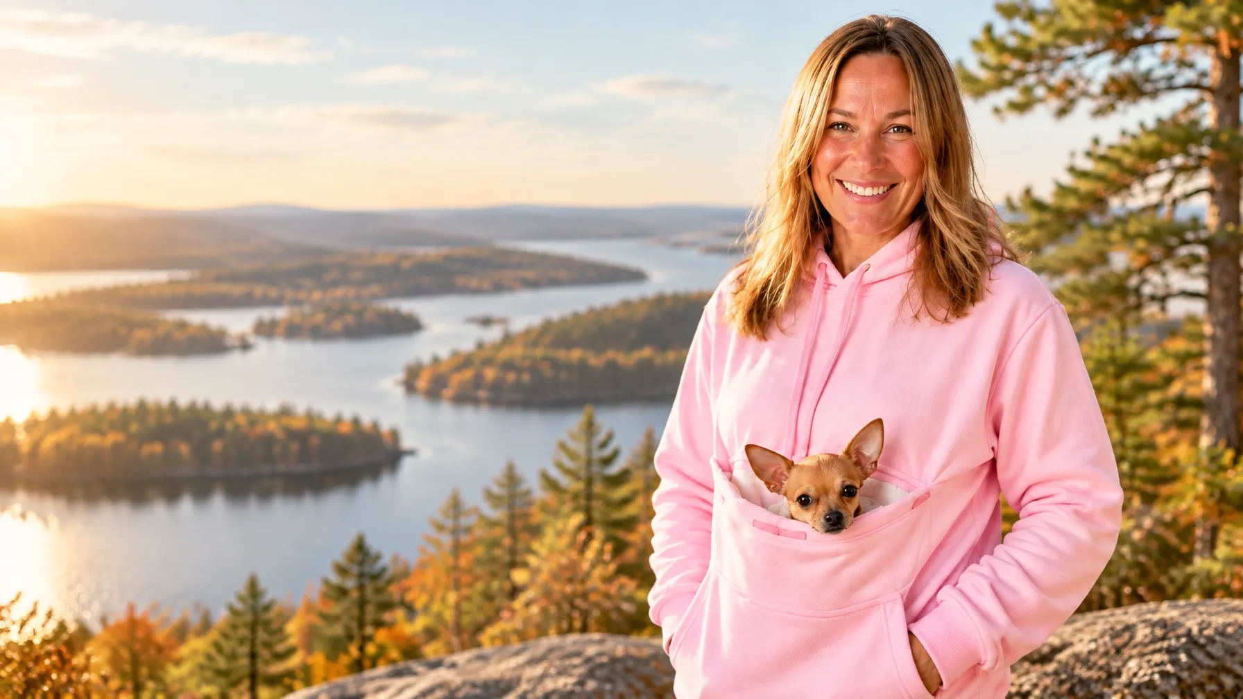 A woman in a pink Muskoka Pooch hoodie carries her Chihuahua by a Muskoka lake